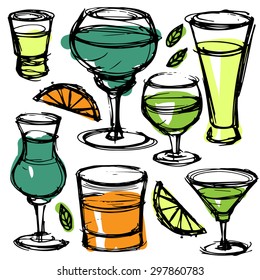 Doodle set of different hand-drawn alcohol cocktails. Sketch drinks. Night party, celebration