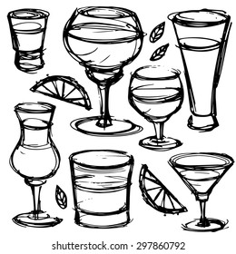 Doodle set of different hand-drawn alcohol cocktails. Sketch drinks. Night party, celebration