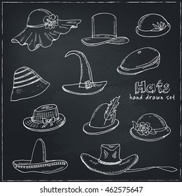 Doodle Set of different hats on black Background. Vector illustration