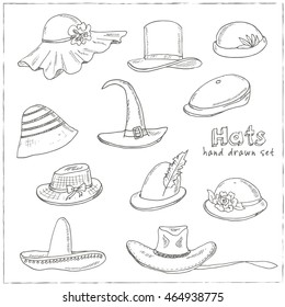 Doodle Set of different hats on black Background. Vector illustration