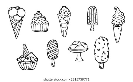 Juego de doodles con helados diferentes: esquimal, cono de gofre, en un tazón, pala, sundae. Esbozar ilustración vectorial de estilo para el menú café, tarjeta, decoración de tarjetas de cumpleaños.