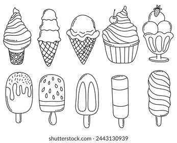 Doodle set with different ice creams. Linear vector style icon