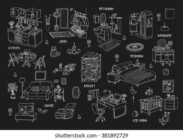 Doodle set of different interior hand drawn sketch, vector illustration. Isolated