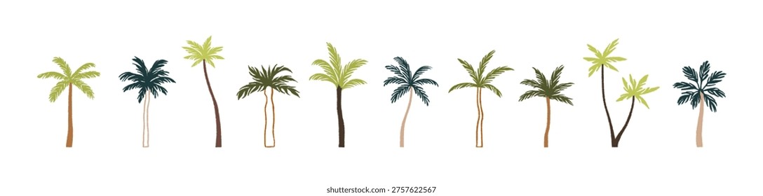 Doodle set of different palm trees. Coconut or banana palmtrees. Exotic plants of jungles. Woods with leaves of tropical forest, rainforests. Flat isolated hand drawn vector illustrations on white
