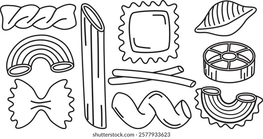 Doodle set of different types of pasta. Hand drawn italian food Isolated on white