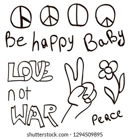 Doodle set with different words inscriptions and pictures. hooligan texts, funny, punks and hippies.
