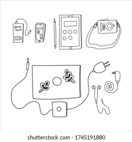 Conjunto de doodles de dispositivos digitales: smartphone, laptop, tablet, power bank, cámara. Esbozo de dispositivos electrónicos portátiles. Ilustración de esbozo vectorial aislada sobre fondo blanco.