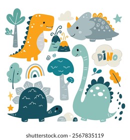 Doodle Set of Dinosaurs and Elements Clipart