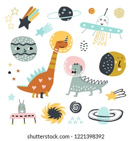 Doodle set- dinosaurs, planets, stars and other elements. Vector Illustration. Scandinavian design.