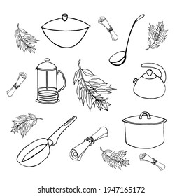 Doodle set of dishes french press, cauldron, pot.ladle,teapot, napkin, frying pan, bay leaves on a white background.Vector dishes can be used in kitchen designs,textiles.