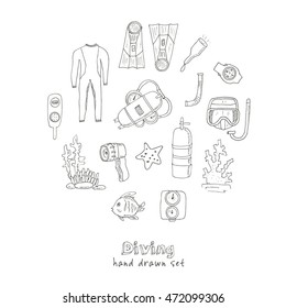 Doodle Set of diving tools Vintage illustration for identity, design, decoration, packages product and interior decorating.