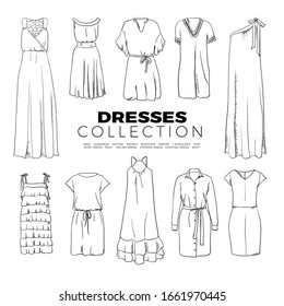 Doodle set of Dresses Collection – maxi, sundress, kaftan, sheath, bodycon, empire, 1-shoulder, tentshirt, dress, pouf, halter, evening, cocktail, shift, hand-drawn. Vector sketch illustration isolate