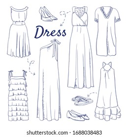 Doodle set of Dresses Collection – maxi, sundress, kaftan, sheath, bodycon, empire, shoulder, tentshirt, dress, pouf, halter, evening, cocktail, shift, hand-drawn. Vector sketch illustration isolated