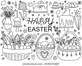 Doodle set with Easter baskets and cakes on white background. Vector Easter elements doodle set