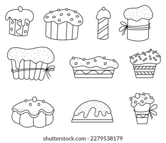 Doodle set of Easter cakes of different types. Black and white vector illustration.