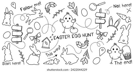 Juego de doodle para la caza de huevos en Pascua sin fondo, estilo infantil. Tarjeta de búsqueda de Pascua con lindo conejito, polluelo, huevos y tulipanes. Dibujo vectorial de dibujos animados hecho a mano de objetos tradicionales de Pascua.