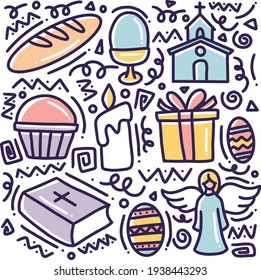 doodle set of easter traditional symbols collection hand drawing with icons and design elements