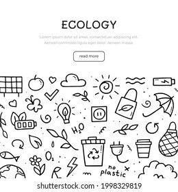 Doodle set of ecology. Banner template. Eco in linear hand drawn style. Vector illustration.
