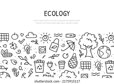 Conjunto de dibujos y modelos ecológicos. Plantilla de banner. Eco con estilo dibujado a mano. Ilustración vectorial.