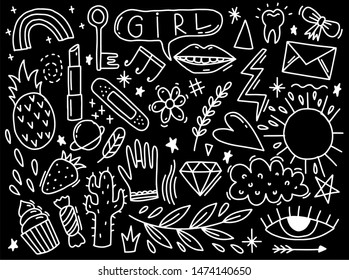 Doodle set element girl. Hand drawn style naive.Outline black.
