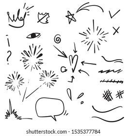 doodle set elements, black on white background. Arrow, heart, love, star, leaf, sun, light, flower, crown, king, queen,Swishes, swoops, emphasis ,swirl, heart, for concept design.handdrawn style