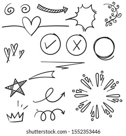 doodle set elements black on white background. Arrow, heart, love, star, leaf, sun, light, flower, daisy, crown, king, queen,Swishes, swoops, emphasis ,swirl, heart.line art style