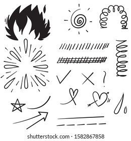 doodle set elements, black on white background. Arrow, heart, love, star, leaf, sun ,light, check marks,Swishes, swoops, emphasis ,swirl, heart cartoon style