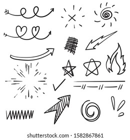 doodle set elements, black on white background. Arrow, heart, love, star, leaf, sun ,light, check marks,Swishes, swoops, emphasis ,swirl, heart cartoon style