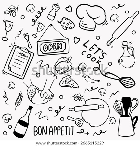 Doodle set of elements for cooking for restaurant menus and cooking	