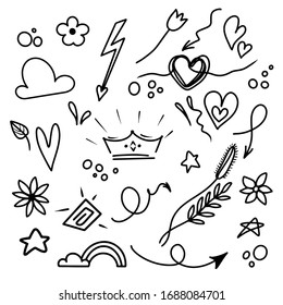 Doodle set elements hand drawn . Vector illustration of handmade set of arrow, crowns, heart, flowers, design elements.
