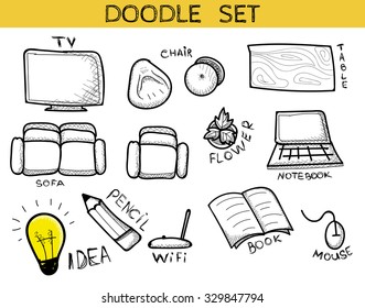 Doodle set of elements of an interior of handmade. Sketch furniture. Chair and table. Beanbag and sofa. Wifi and Tv. Flower and lamp. Idea and pencil. Laptop and mouse. Book and notebook