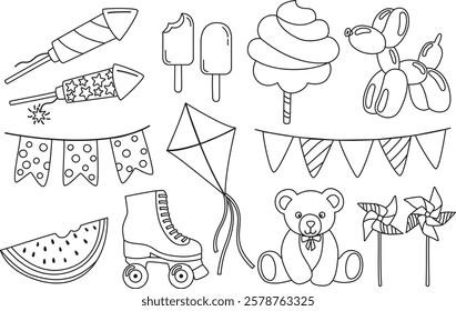 Doodle set with elements on the theme of fun fairs and summer entertainment. Linear illustration with cotton candy, fireworks, flags, windmills, kite and more	