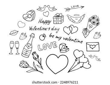 Doodle set elements valentines day line art. Vector illustration. Icons and inscriptions. Strawberries, doves, letter, flowers, heart, arrow, love, roses, champagne, balloons, lips, ring, gifts box.