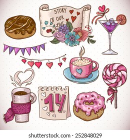Doodle set elements of Valentine's Day and Wedding, vector illustration
