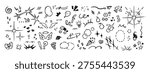 Doodle set of emotions and effects. Different signs, thought bubbles, sparks, hearts, questions and arrows. Angry and happy expressions. Outline isolated hand drawn vector illustrations on white