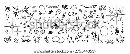 Doodle set of emotions and effects. Different signs, thought bubbles, sparks, hearts, questions and arrows. Angry and happy expressions. Outline isolated hand drawn vector illustrations on white