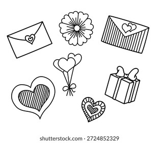 Conjunto de doodle com envelopes e corações, tema do Dia dos Namorados.