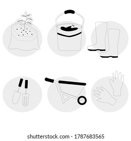 Doodle Set of equipment for gardening ,tools, I one includes soil bag with seeding , water tank, boots , drills and shovel for shoveling , soil trolley and groves, vector flat isolate design