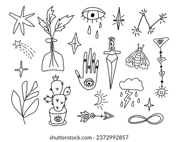 Doodle set esoteric magic symbols. Boho hand drawn mystical collection