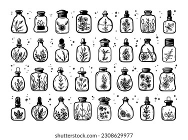 Doodle set of essential oils editable icons, isolated on white background, home fragrance, aromatherapy concept