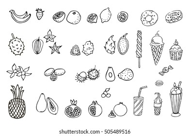 Doodle set of exotical tropical fruits  desserts. Vector.