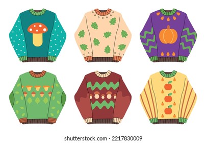 El conjunto de doodle choca sudadera un vector de estilo de hígge plano. Chaqueta de pullover de punto linda ilustración. Ropa de abrigo otoñal, símbolo de estación de emoticones de tendencia decoración aislada, hojas de setas concepto de calabaza de bellota feo