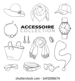 Doodle set of Fashion Accessoires Collection – accessory, bag, beauty, handbag, luxury, jewelry, belt, chain watch, cap, earing, bangle, bracelet, scraf, bandana, hand-drawn. black sketch illustration