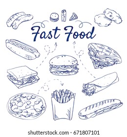 Doodle Set Of Fast Food - Burger, Wrap, Fajita, Chicken Nuggets, Kebab, Fries, Hotdog, Pizza, Sandwich, Tortilla, Panini, Hand-drawn. Vector Sketch Illustration, Icons Isolated Over White Background. 