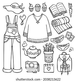 Doodle set of female clothes and lifestyle items for the warm season. Hand-drawn objects isolated on white background.