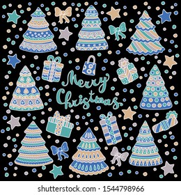 Doodle set with festive Christmas trees, gifts, bows, candies, stars on a black background