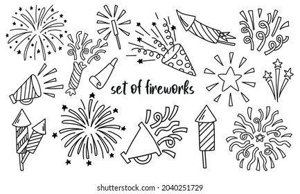 Doodle set with festive fireworks and confetti