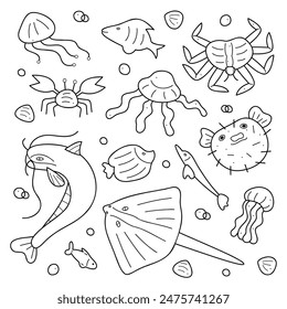 Doodle set with fish, jellyfish and crabs. Black and white clip art illustration.