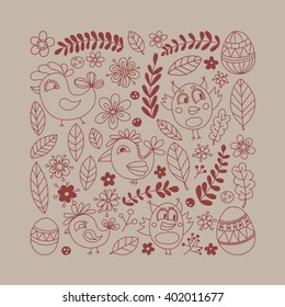 Doodle set with flowers, birds and eggs