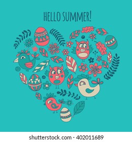 Doodle set with flowers, birds and eggs